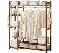 Bamboo Garment Rack, Clothes Rails with 5 Shelves, Free Standing Garment Hanging Rails, Clothes Rails Clothing Rail for Bedroom Storage for Dress, Shoes, Hats, Max Load 100kg
