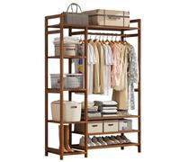 Bamboo Garment Rack with Storage Organizer, Freestanding Clothes Rail and Shoe Storage, Open Wardrobe Closet for Entryway, Bedroom, Hallway