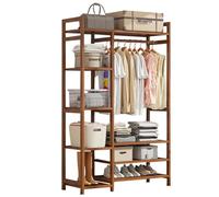 Bamboo Garment Rack with Storage Organizer, Freestanding Clothes Rail and Shoe Storage, Open Wardrobe Closet for Entryway, Bedroom, Hallway