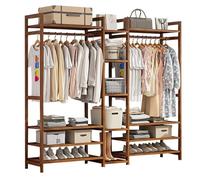 Bamboo Garment Rack with Storage Organizer, Freestanding Clothes Rail and Shoe Storage, Open Wardrobe Closet for Entryway, Bedroom, Hallway