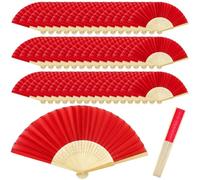 Bamboo Hand Held Chinese Folding Fan, 50-Pack Wedding Fans for Guests with Silk Fabric, 8.3 Inch Traditional Foldable Hand Fan, Red