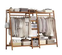 Bamboo Hanging Rails for Clothes, with Hanging Rod, 9 Storage Rack and 2 Hook, Free Standing Clothes Rail, 190 x 40 x 140 cm Open Wardrobe (Brown)