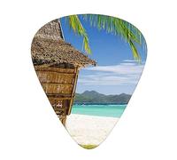 Bamboo hut on a tropical beach Guitar Picks with Organizer Storage Box Guitar Plectrums 12PCS 3 Thickness Thin Medium Heavy 0.46 0.71 0.96mm Guitar Picks For Acoustic Electric or Bass Guitars