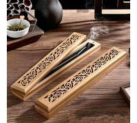 Bamboo Incense Stick Holder with Lid, Wooden Incense Ash Catcher Box for Incense Sticks, Carved Hollow Smoke Vent Cover, Storage & Burner 2 in 1, Zen Home Office Decor, 9.3 Inch