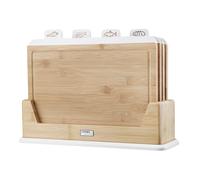 Cooks Professional Set of 4 Index Chopping Boards | Bamboo Chopping Boards with Stand | Wooden Food Preparation Cutting Blocks with Tabs for Fruit & Vegetables, Meat, Fish & Bread | White
