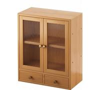 Bamboo Kitchen Countertop Storage Cabinet, 2-Door 2-Drawer Sideboard with Adjustable Shelves, Semi-Transparent Desktop Locker for Bathroom & Office Organization (A Natural wood color)