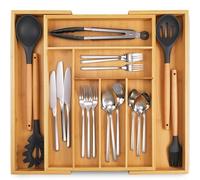 Bamboo Kitchen Drawer Organizer - Easily Adjust the Wooden Tray Width to Drawer Size, Deep Enough to Fit Entire Drawer and Accommodates Different Kitchen Utensil and Cutlery Sizes.