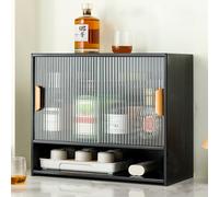 Bamboo Kitchen Pantry Sideboard Freestanding Countertop Storage Cabinet with Acrylic Sliding Doors Ideal for Spice & Dish nization 55x28x46cm Black