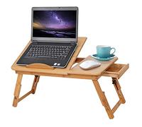 Bamboo Laptop Desk, Height Adjustable Anti-slip Laptop Table Stand Sofa Tray with Air Hole Small Drawer for Cooling Light Portable Foldable Bed Laptop Desk for Reading Eating Watching Movie