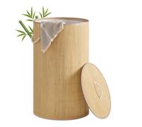 SONGMICS Laundry Basket with Lid, 90 L Bamboo Storage Basket, Round Laundry Hamper with Handles, Collapsible, Removable Machine-Washable Liner, Natural Color LCB078YZ01