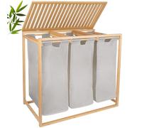 Bamboo Laundry Hamper 3 Section with Lid, 150 L Laundry Sorter with Pull-Out Removable Washable Bags, 3 × 12.5 Gal Divided Laundry Baskets for Laundry Room, Bathroom (Gray)