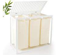 Bamboo Laundry Hamper 3 Section with Lid, 150 L Laundry Sorter with Pull-Out Removable Washable Bags, 3 × 12.5 Gal Divided Laundry Baskets for Laundry Room, Bathroom (White)
