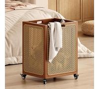 Bamboo Laundry Hamper Cart, Rattan Rolling Basket with Wheels & Handle, Hollow Design for Efficient Storage in Small Spaces, Ideal for Bedroom or Bathroom