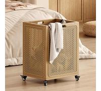 Bamboo Laundry Hamper Sorter Cart, Rolling Rattan Basket with Wheels & Handle, Hollow Design, Large Storage Organizer for Small Spaces Bedroom Bathroom