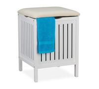 Relaxdays Basket with Seat, Country Style, Laundry Bin, Wood & Fabric, Bathroom Stool HxWxD: 55x41x41 cm, White