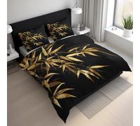 Bamboo Leaves Double Duvet Cover Sets, Black Gold Leaf Bedding Sets Double-Sided Printing, Soft Microfiber Quilt Cover With Zip Fastening + 2 Pillowcase, 200x200 M&-94
