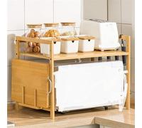 Bamboo Microwave Rack, 2-Layer Adjustable Kitchen Storage Shelf with 4 Hooks and Chopping Board Stand (Raw Wood)