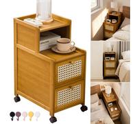 Bamboo Narrow Rolling Nightstand With 2 Drawers And 5 Hooks
