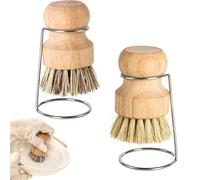 Bamboo Palm Brush, 2 PCS Bamboo Dish Pot Pan Brushes Set, Palm Dish Brush Scrub Brush with 2 Drain Racks for Fish Pots Pans Kitchen Sink Cleaning