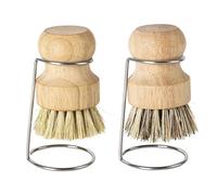 Bamboo Palm Brush, 2 Pcs Wood Dish Brushes with Drain Racks, Natural Wooden Washing up Brushes with Soft Plant Fibre Bristles for Gently Cleaning Dishes Pots Pans Kitchen Sink Fish