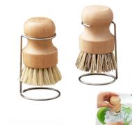 Bamboo Palm Brush, 2Pcs Wooden Washing Up Brushes with 2 Drain Racks, Bamboo Natural Scrub Brush, BambooDish Pot Pan Brushes for Washing Cutlery Cast Iron Pots Pans Vegetable Sinks