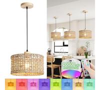 Bamboo Pendant Light with Battery and Remote Control, Battery Operated Hanging Light, Rattan Pendant Lamp with 10,000 mAh RGB Rechargeable Bulbs for Kitchen, No Wiring Required