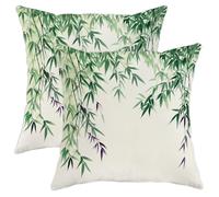 Bamboo Pillow Covers Set of 2, Green Bamboo Leaf Print Throw Pillows Case, Outdoor Decorative Square Nature Decor Cushion Covers for Home Sofa Bed Couch 16x16 Inch