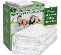 Bamboo Rayon Mattress Protector with Zipper + 2 Pillow Protectors - 100% Waterproof Cooling King Size Cover - Ultra Soft Fabric Breathable Noiseless Mattress Pad Covers Zippered Encasement