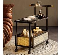 Bamboo Rolling Bar Cart with Wheels 2Tier Serving Trolley & Rattan Basket for Kitchen Living Room PatioStylish Mobile Storage Solution