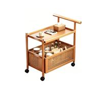 Bamboo Rolling Side Table, 2-Tier Rattan Storage Cart, Lockable Wheels, 132lbs Load Capacity, Ideal for Living Room or Bedroom, Natural Finish