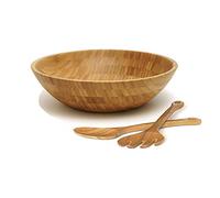 Bamboo Salad Bowl with 2 Serving Utensils Spoon Wood Round Salad Bowl Mixing Bowl