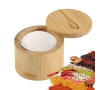 Bamboo Salt Cellar, Salt Box with Swivel Lid and Spoon, Salt and Pepper Box, Salt Container Wood, Swivel Lid Container, Magnetic Closure Lid to Keep The Dust Out, for Salt, Sugar (9 x 9 x 7 cm)
