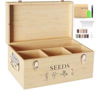 Bamboo Seed Storage Organizer, Large Garden Seed Organizer with Lid & Safety Lock & Handles, Seed Box Storage Organizer Includes Seed Envelopes and Labels etc, Great Gifts Gardening Kit (Wood)