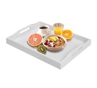 Bamboo Serving Tray with Handles, Breakfast Wooden Tray for Food,Snack,Dinner, Home Decorative Storage, Platter, Ottoman,Kitchen Counter, Bathroom, Restaurant (White)