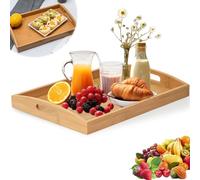 Bamboo Serving Tray with Handles, Large Breakfast Wooden Trays, Rectangular Kitchen Platter for Tea Coffee Snack Eating, Dinner Tray for Bedroom, Living Room, Bathroom (40 x 28 x 3.5 cm)
