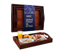Bamboo Serving Trays with Handle - Set of 3 Wooden Trays That Nest - Large, Medium and Small Tray for Food, Ottoman Décor & More - 100% Eco-Friendly Bamboo Trays for Breakfast - Brown