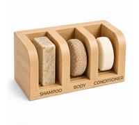 Bamboo Shampoo Bar Holder for Shower, 3-Slot Bar Soap Holder with Labels, Self Draining Wooden Soap Dish Organizer for Solid Body, Shampoo and Conditioner, Non-Slip Base (Natural)