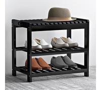 Bamboo Shoe Bench with Large Seat Stylish Shoe Rack with Mesh Shelf Perfect for Entryway Bedroom Living Room (Black 50 * 28 * 47cm)
