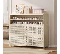 Bamboo Shoe Cabinet with Rattan Doors, Slim Entryway Storage Organizer, Flip-Down Design for Small Spaces, Top Console Table, Anti-Tip Kit Included