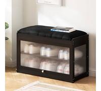 Bamboo Shoe Rack for Entryway - 2-Tier Small Shoe Stand with PU Leather Cushion Upholstered Shoe Storage Bench for Hallway & Front Door 16.9"x27.5"x12.5"