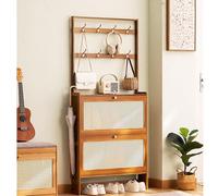 Bamboo Shoe Rack with Hooks and Drawers - Slim Space-Saving Entryway Cabinet for Home Storage - Modern Design - 50 x 17 x 186 cm