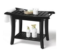 Bamboo Shower Bench Inside Shower Stool with Space-Efficient Storage Shelf, Shower Bath Chairs Spa Seats for Bathroom - Great for All Ages Unisex Elderly (Waterproof, Black)