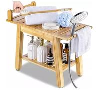 Bamboo Shower Bench Stool Wooden Spa Seat 2-Tier Bathroom Organiser Shampoo Towel Storage Shelf Non-Slip For Aid Disability Seat With Handle