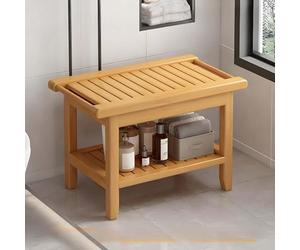 Bamboo Shower Bench with Handles, Storage Rack & Footrest, Bath Stool for Indoor Outdoor Use, Bathroom Seat