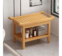 Bamboo Shower Bench with Shelf & Handles, Versatile Indoor Outdoor Footstool & Shoe Rack Stool for Bathroom, Patio Use
