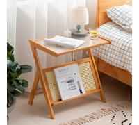 Bamboo Side Table Glass Bedside Nightstand Tea Sofa Magazine Newspaper Rack Desk