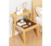Bamboo Side Table with Glass Top, 2-Tier End Table with Storage Shelf for Bedroom, Living Room, Small Space