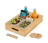 bamboo Snack Tray Sofa Couch Stainless Steel Bowls Coaster Wine Glass Holder Bed