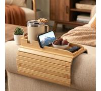 Bamboo Sofa Arm Tray Couch Cup Holder with Non-Slip Base & Side Storage Pockets Multifunctional Sofa Armrest Tray for Drinks Snacks Remote Control Phone, Ideal for Movie Nights & Family Relaxation