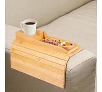 Bamboo Sofa Arm Tray, Foldable Armchair Tray with Couch Cup Holder, 2 in 1 Anti-Slip Sofa Armchair Caddy Table for Remote Control, Drink, Snacks, Magazine(Style 1)